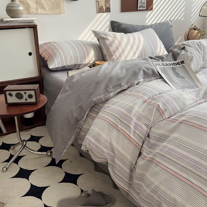 91家纺网 家纺一手货源 找家纺 水洗的故事2025新款A类AB版全棉色织水洗棉四件套 参青-灰