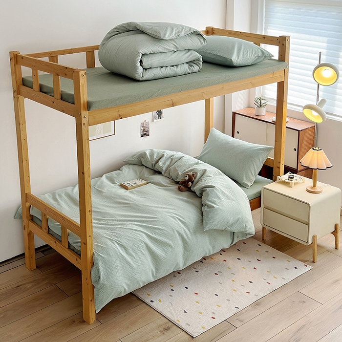 91家纺网 家纺一手货源 找家纺 水洗的故事 2025新款A类色织水洗棉学生三件套 绿细密条-