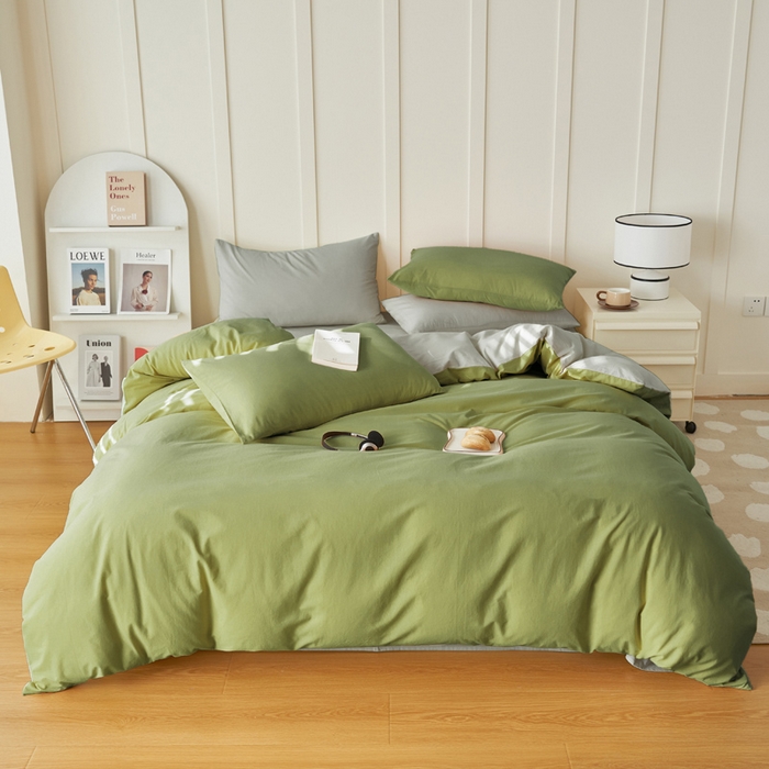 91家纺网 家纺一手货源 找家纺 寐绸家纺 2025新款纯棉水洗棉双拼单被套（自然光） 扶苏绿+毛毯灰