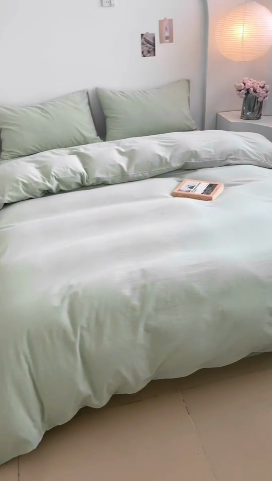 91家纺网 家纺一手货源 找家纺 水洗的故事 2025新款色织水洗棉多巴胺纯色款四件套 果绿