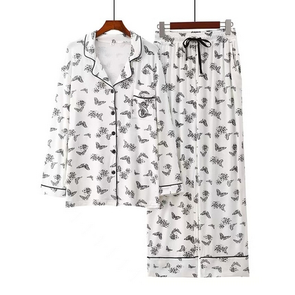 洛兰沙家居馆【只代发】【只代发】2025新款跨境春秋款莫代尔蝴蝶印花睡衣女长袖长裤开衫翻领大码家居服套装  蝴蝶白色