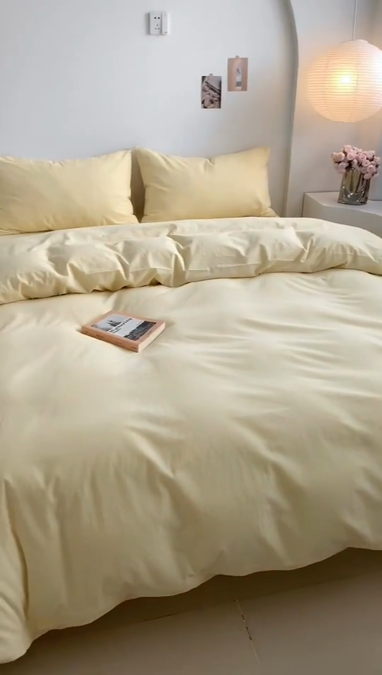 91家纺网 家纺一手货源 找家纺 水洗的故事 2025新款色织水洗棉多巴胺纯色款四件套 奶黄