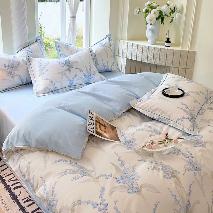 91家纺网 家纺一手货源 找家纺 梧桐树 2025新款100%全棉13372加厚印花四件套 A24铃兰蓝