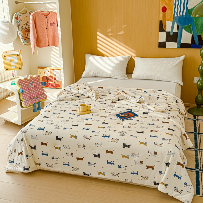 91家纺网 家纺一手货源 找家纺 品乐家纺 2025新款A类针织棉大豆被夏被夏凉被空调被学生被子 快乐的小猫