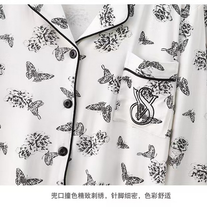 91家纺网 家纺一手货源 找家纺 洛兰沙家居馆【只代发】【只代发】2025新款跨境春秋款莫代尔蝴蝶印花睡衣女长袖长裤开衫翻领大码家居服套装  蝴蝶白色