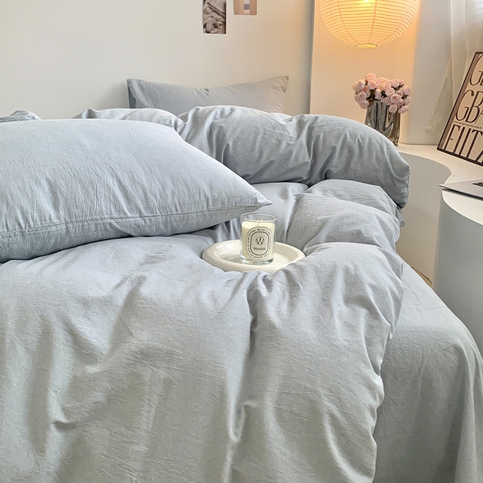 91家纺网 家纺一手货源 找家纺 水洗的故事 2025新款色织水洗棉多巴胺纯色款四件套 浅蓝素色