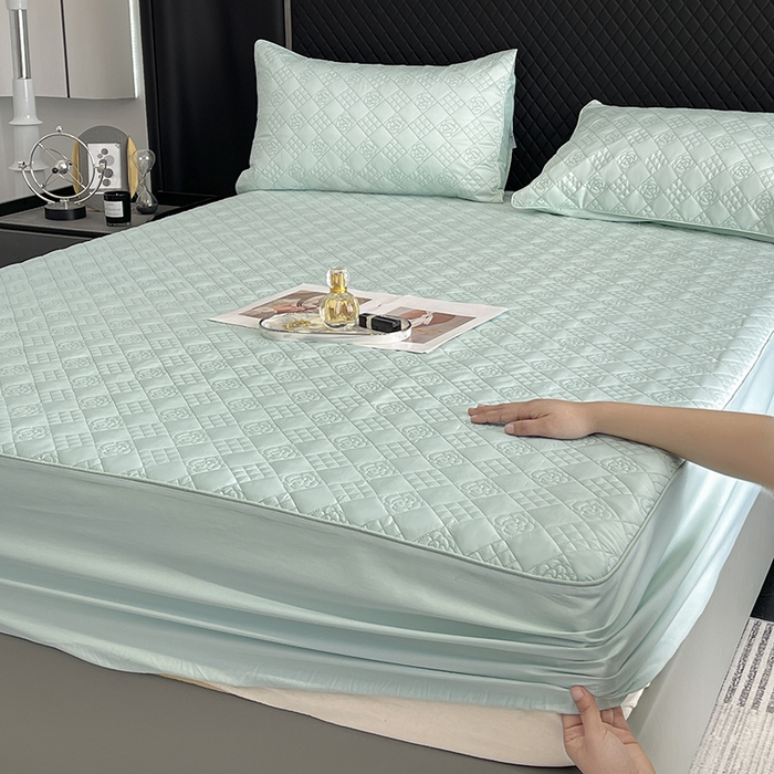 91家纺网 家纺一手货源 找家纺 2025A类母婴级长绒棉夹棉床笠三件套纯棉全棉加厚席梦思床罩床套四季款保护罩 茶绿