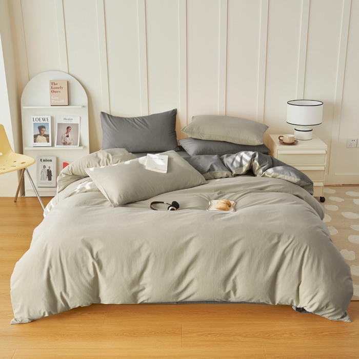 91家纺网 家纺一手货源 找家纺 寐绸家纺 2025新款纯棉水洗棉双拼单被套（自然光） 毛毯灰+宝藏灰