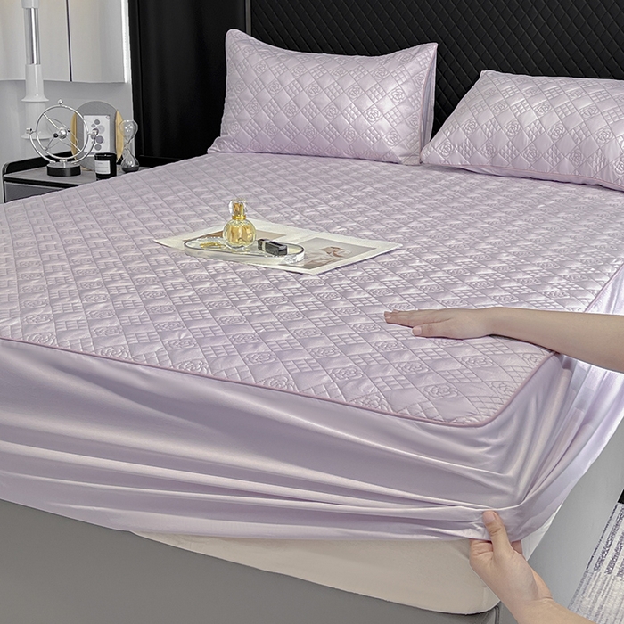 91家纺网 家纺一手货源 找家纺 2025A类母婴级长绒棉夹棉床笠三件套纯棉全棉加厚席梦思床罩床套四季款保护罩 黛紫