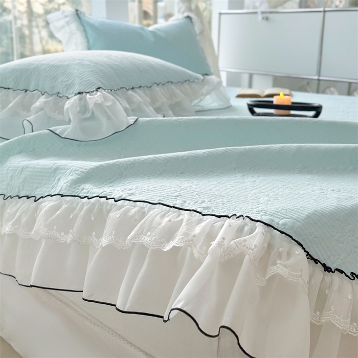 91家纺网 家纺一手货源 找家纺 金喜 2025新款韩版木棉纯色床盖双层蕾丝边夹棉床盖-星梦系列 星梦-蔚蓝