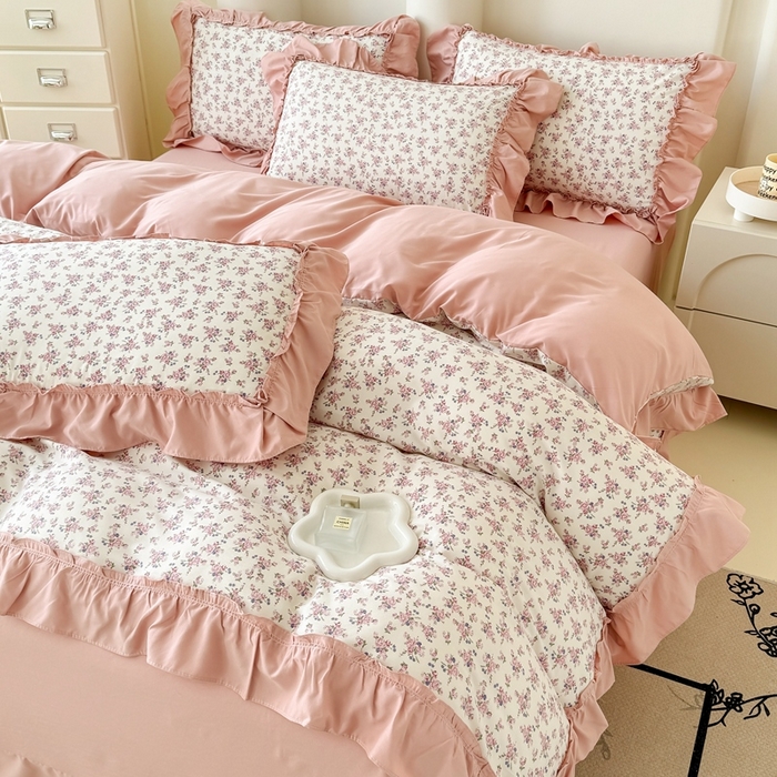 91家纺网 家纺一手货源 找家纺 金米诺 2025新款韩版有氧针织棉双层纱四件套 花境