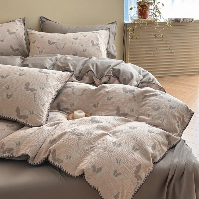 91家纺网 家纺一手货源 找家纺 2025【A类纯棉三层纱四件套】日式无印纯棉四件套良品贝壳绣全棉A类三层纱提花款床品被套床单