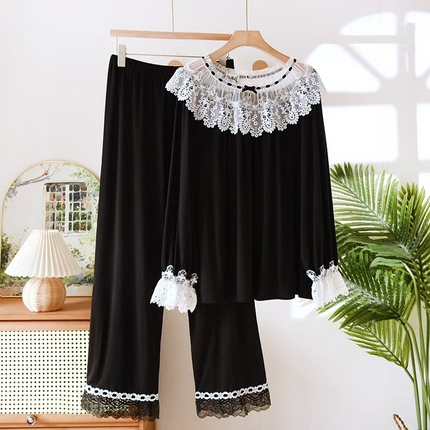 （总）洛兰沙家居馆【只代发】【只代发】 2025新款外贸欧美风宽蕾丝边莫代尔睡衣女春夏秋套头翻领短袖长裤家居服莫代尔黑色