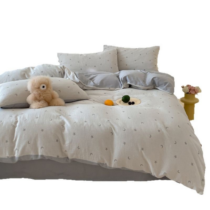 91家纺网 家纺一手货源 找家纺 2025【A类全棉皱皱纱四件套】全棉双层纱四件套A类皱皱纱提花床品件套母婴星月亮