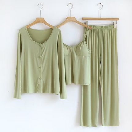 洛兰沙家居馆【只代发】【只代发】 2025新款外贸欧美风淑女风莫代尔睡衣女春夏秋开衫短袖吊带三件套长裤家居服 三件套绿色