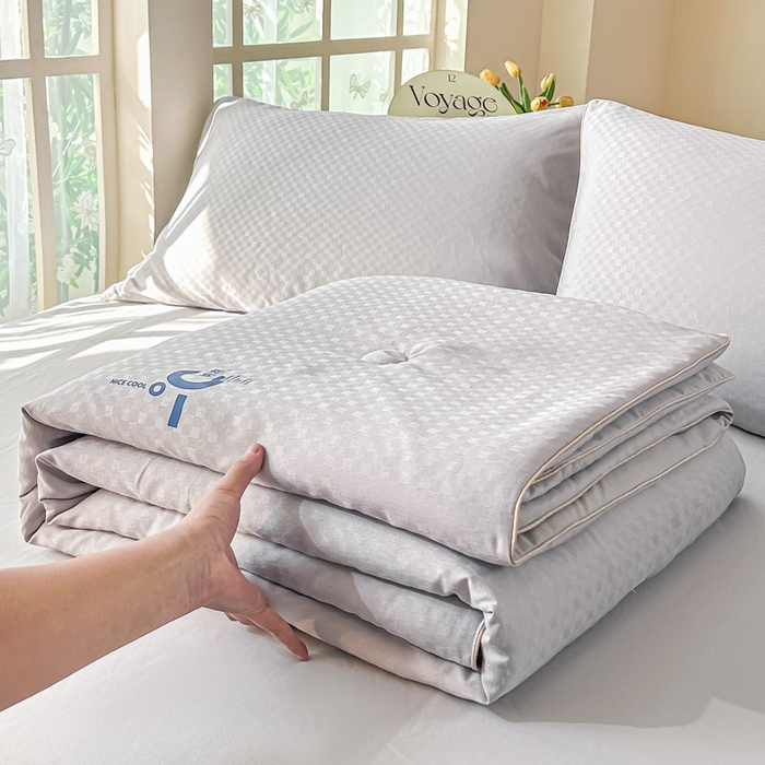 91家纺网 家纺一手货源 找家纺 芙绣 芙绣 2025新款七彩华夫格提花夏被四件套夏凉被空调被 银灰+灰