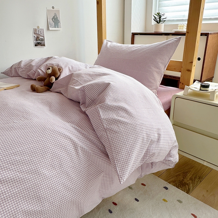 91家纺网 家纺一手货源 找家纺 水洗的故事 2025新款A类色织水洗棉学生三件套 小小格紫-