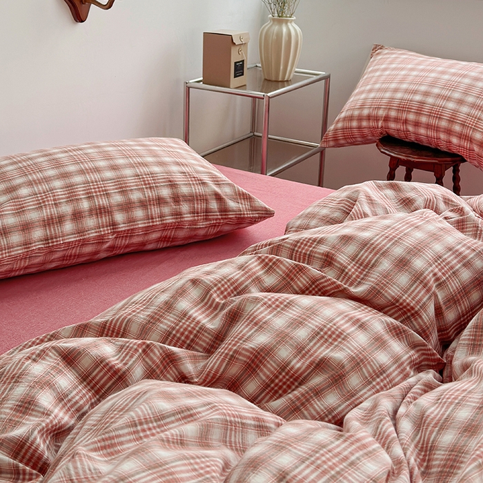 91家纺网 家纺一手货源 找家纺 水洗的故事 2025新款无印良品水洗棉四件套 樱红格