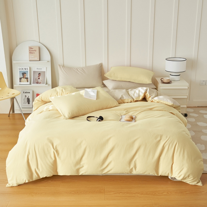 91家纺网 家纺一手货源 找家纺 寐绸家纺 2025新款纯棉水洗棉双拼单被套（自然光） 蘑菇黄+天青韵白