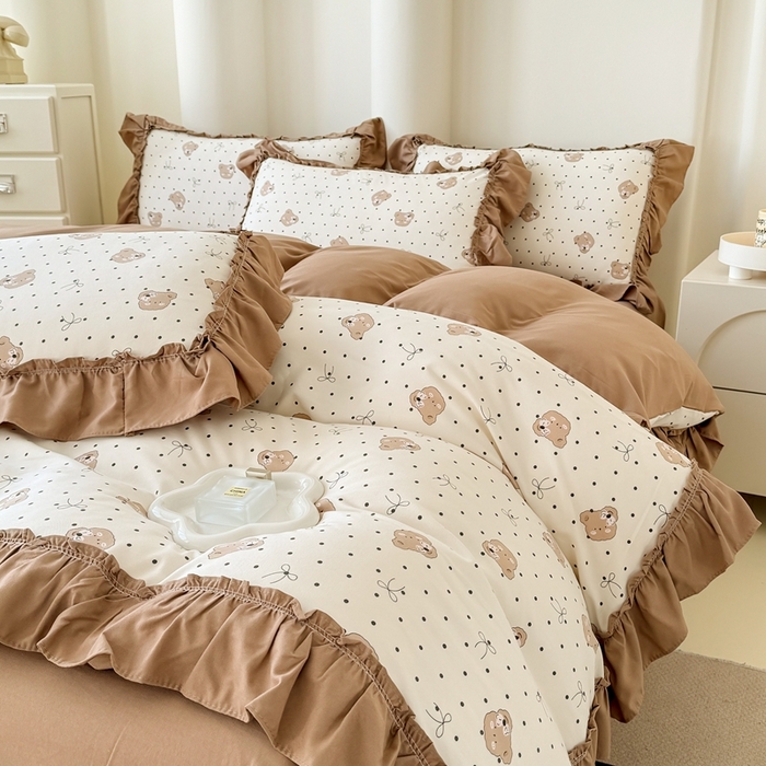 91家纺网 家纺一手货源 找家纺 金米诺 2025新款韩版有氧针织棉双层纱四件套 奇妙熊