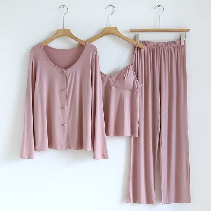 91家纺网 家纺一手货源 找家纺 （总）洛兰沙家居馆【只代发】【只代发】 2025新款外贸欧美风淑女风莫代尔睡衣女春夏秋开衫短袖吊带三件套长裤家居服