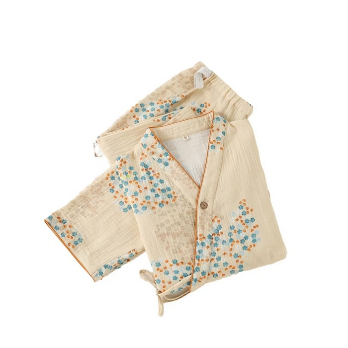 91家纺网 家纺一手货源 找家纺 （总）洛兰沙家居馆【只代发】【只代发】2025新款简约印花睡衣女春夏季宽松休闲家居服长袖开衫套装印花棉纱两件套 