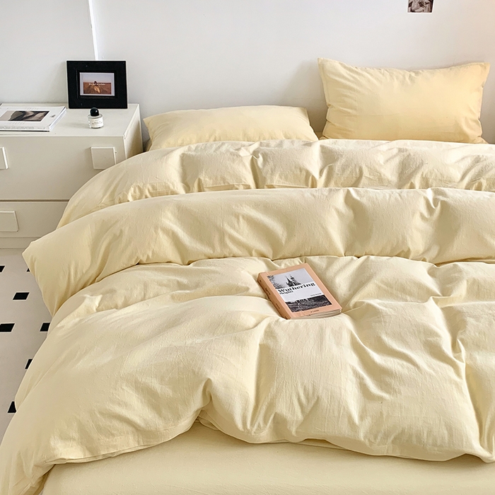 91家纺网 家纺一手货源 找家纺 水洗的故事 2025新款色织水洗棉多巴胺纯色款四件套 奶黄