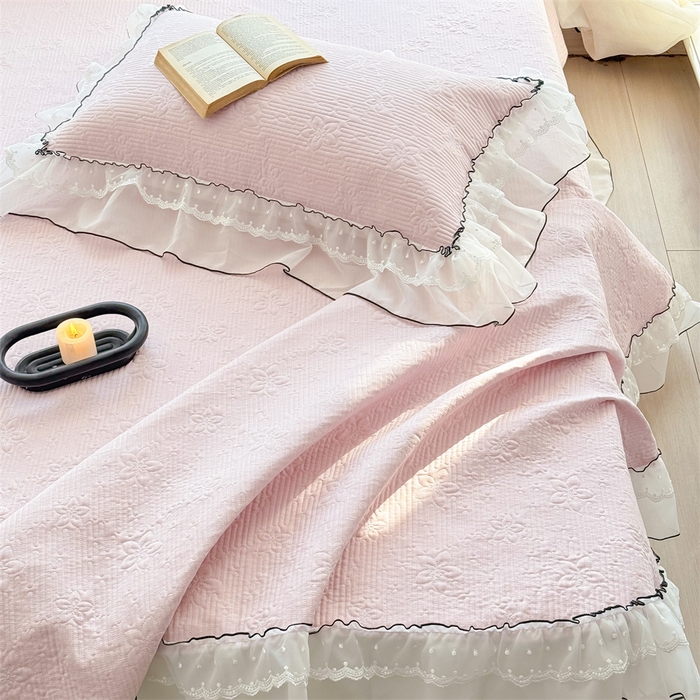 91家纺网 家纺一手货源 找家纺 金喜 2025新款韩版木棉纯色床盖双层蕾丝边夹棉床盖-星梦系列 星梦-桃夭