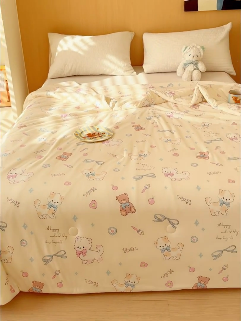 91家纺网 家纺一手货源 找家纺 品乐家纺 2025新款A类针织棉大豆被夏被夏凉被空调被学生被子 萌宠-米色