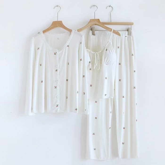 91家纺网 家纺一手货源 找家纺 洛兰沙家居馆【只代发】【只代发】2025新款外贸欧美风淑女风莫代尔睡衣女春夏秋开衫短袖吊带三件套长裤家居服 三件套白色