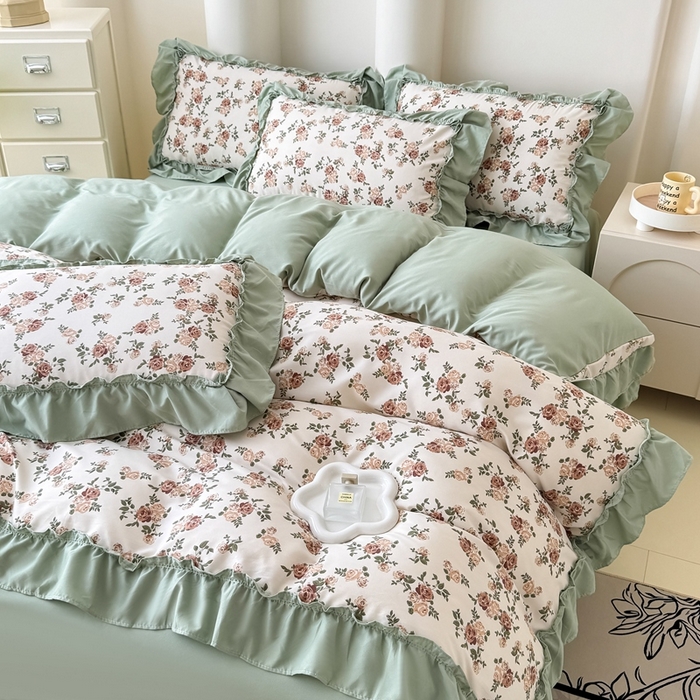 91家纺网 家纺一手货源 找家纺 金米诺 2025新款韩版有氧针织棉双层纱四件套 花田物语