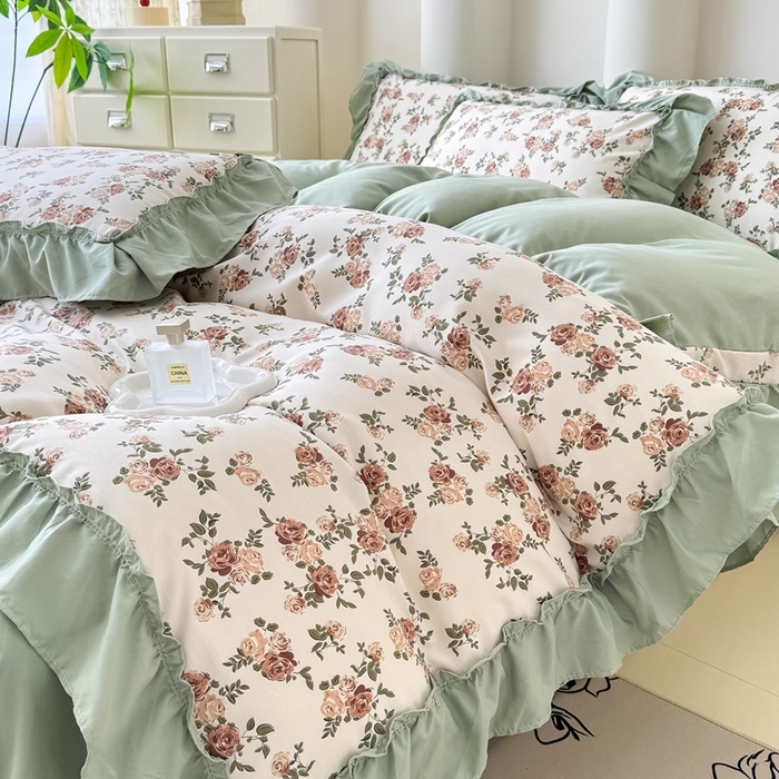 91家纺网 家纺一手货源 找家纺 金米诺 2025新款韩版有氧针织棉双层纱四件套 花田物语