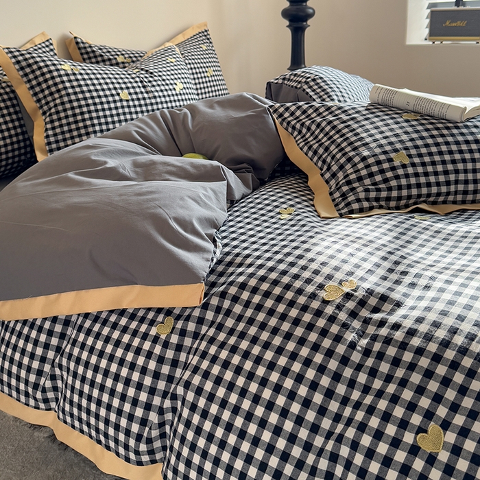 91家纺网 家纺一手货源 找家纺 优悦生活馆2025新款全棉纯棉水洗棉刺绣四件套 黑格-爱心