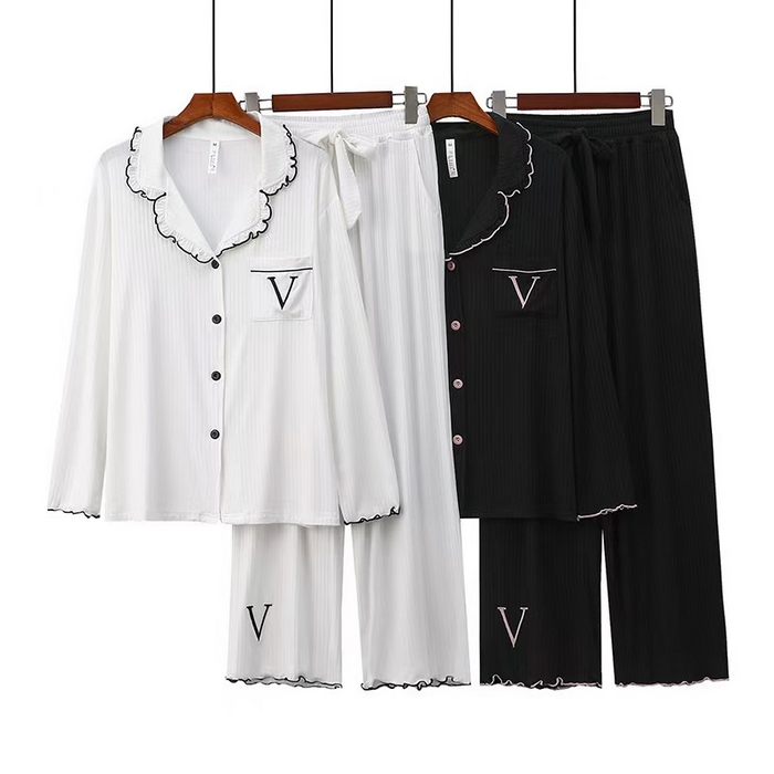 91家纺网 家纺一手货源 找家纺 洛兰沙家居馆【只代发】【只代发】2025新款外贸欧美风8*5宽坑条莫代尔睡衣女春夏秋开衫翻领长袖长裤家居服 黑色