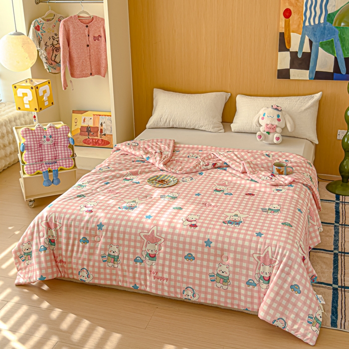 91家纺网 家纺一手货源 找家纺 品乐家纺 2025新款A类针织棉大豆被夏被夏凉被空调被学生被子 粉格小狗