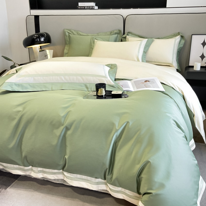 91家纺网 家纺一手货源 找家纺 桃园 2025新款纯棉全棉长绒棉刺绣绣花高端礼盒四件套-莱卡 莱卡牛油果绿