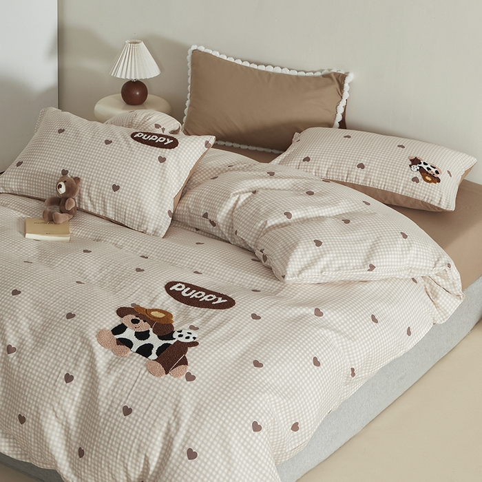 91家纺网 家纺一手货源 找家纺 怡家居 2025新款全棉双层纱可爱卡通毛巾绣四件套 欢乐狗