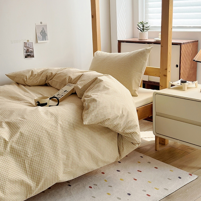 91家纺网 家纺一手货源 找家纺 水洗的故事 2025新款A类色织水洗棉学生三件套 西西里奶黄-