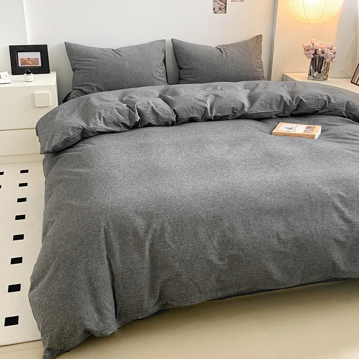 91家纺网 家纺一手货源 找家纺 水洗的故事 2025新款色织水洗棉多巴胺纯色款四件套 深灰素色