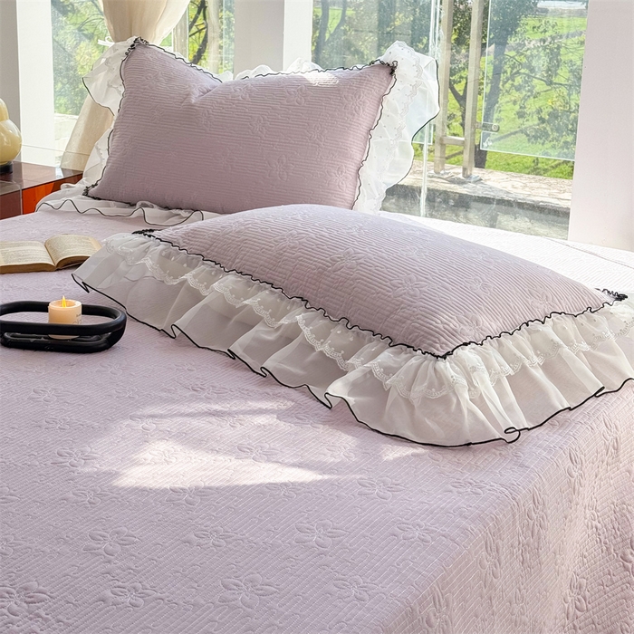 91家纺网 家纺一手货源 找家纺 金喜 2025新款韩版木棉纯色床盖双层蕾丝边夹棉床盖-星梦系列 星梦-芋泥