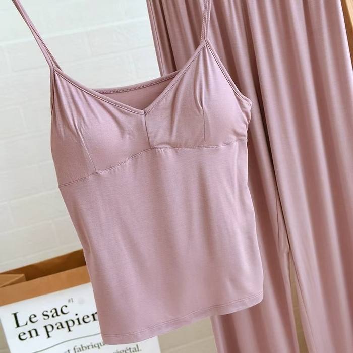 91家纺网 家纺一手货源 找家纺 洛兰沙家居馆【只代发】【只代发】 2025新款外贸欧美风淑女风莫代尔睡衣女春夏秋开衫短袖吊带三件套长裤家居服   三件套粉色 