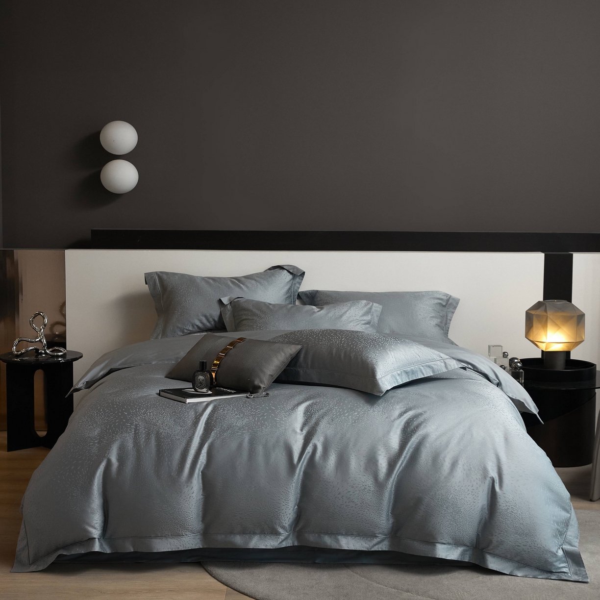 91家纺网 家纺一手货源 找家纺 榻尚家居 2025春夏新款长绒棉全棉纯棉贡缎提花手工立体埋绳工艺四件套 星耀（天空蓝）