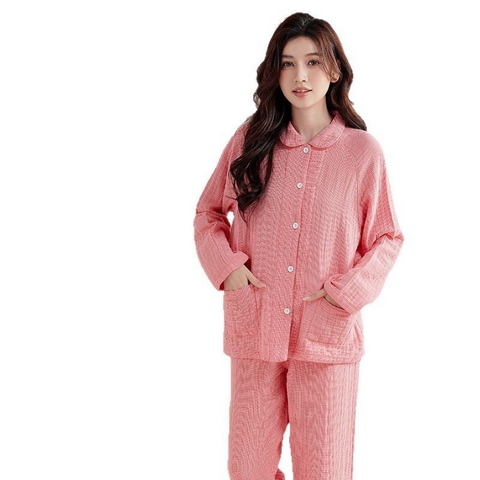 91家纺网 家纺一手货源 找家纺 2025【纯棉细格四层纱睡衣】日式无印全棉四层纱家居服良品纯色多层纱睡衣男女情侣居家服套装