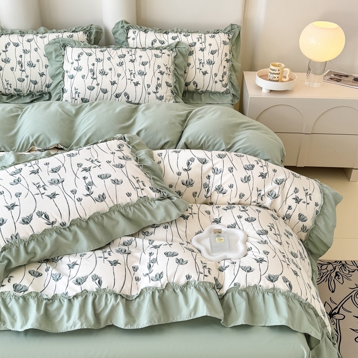 91家纺网 家纺一手货源 找家纺 金米诺 2025新款韩版有氧针织棉双层纱四件套 格瑞