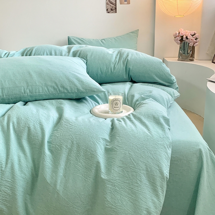 91家纺网 家纺一手货源 找家纺 水洗的故事 2025新款色织水洗棉多巴胺纯色款四件套 湖绿