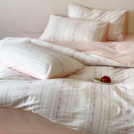 91家纺网 家纺一手货源 找家纺 2025【A类全棉刺绣提花四件套】日式无印刺绣A类提花四件套良品条纹床品套件全棉小清新双拼件套