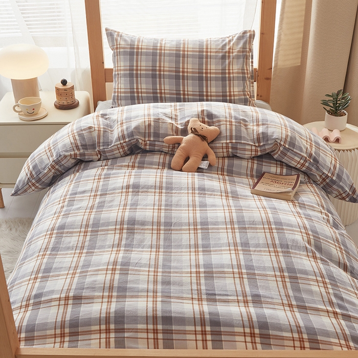 91家纺网 家纺一手货源 找家纺 水洗的故事 2025新款开学季色织水洗棉学生宿舍三件套 森屿灰