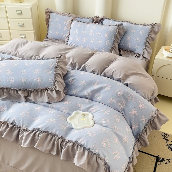 91家纺网 家纺一手货源 找家纺 金米诺 2025新款韩版有氧针织棉双层纱四件套 花俏