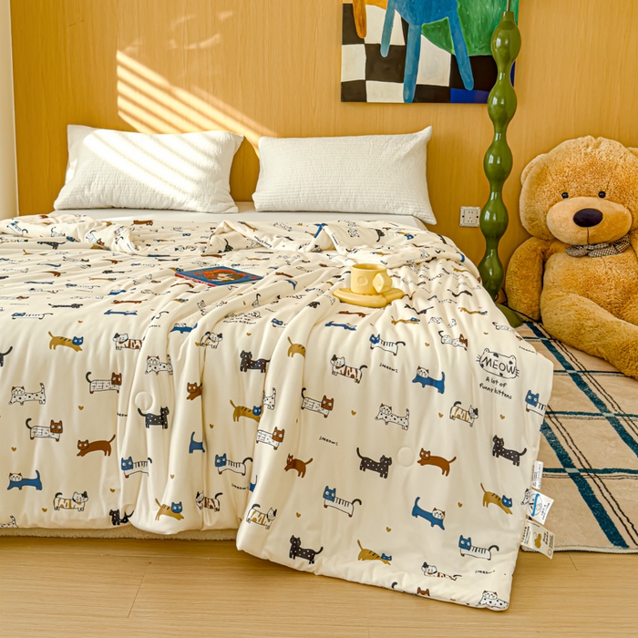 91家纺网 家纺一手货源 找家纺 品乐家纺 2025新款A类针织棉大豆被夏被夏凉被空调被学生被子 快乐的小猫