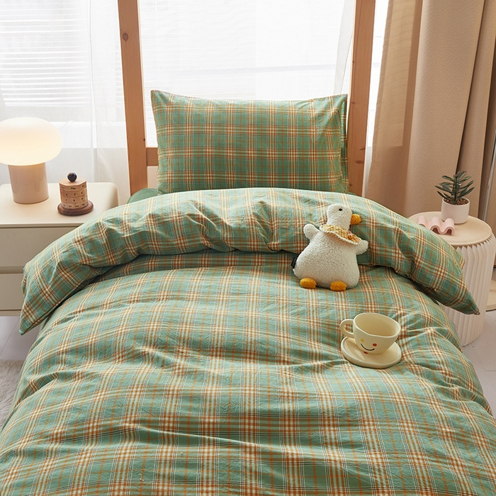 91家纺网 家纺一手货源 找家纺 水洗的故事 2025新款开学季色织水洗棉学生宿舍三件套 青萝绿